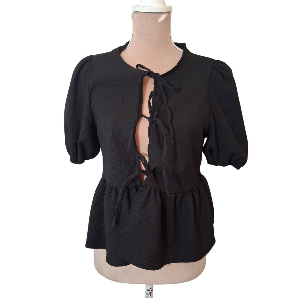 Black Tie Front Peplum Top Puff Sleeve Textured Blouse Medium